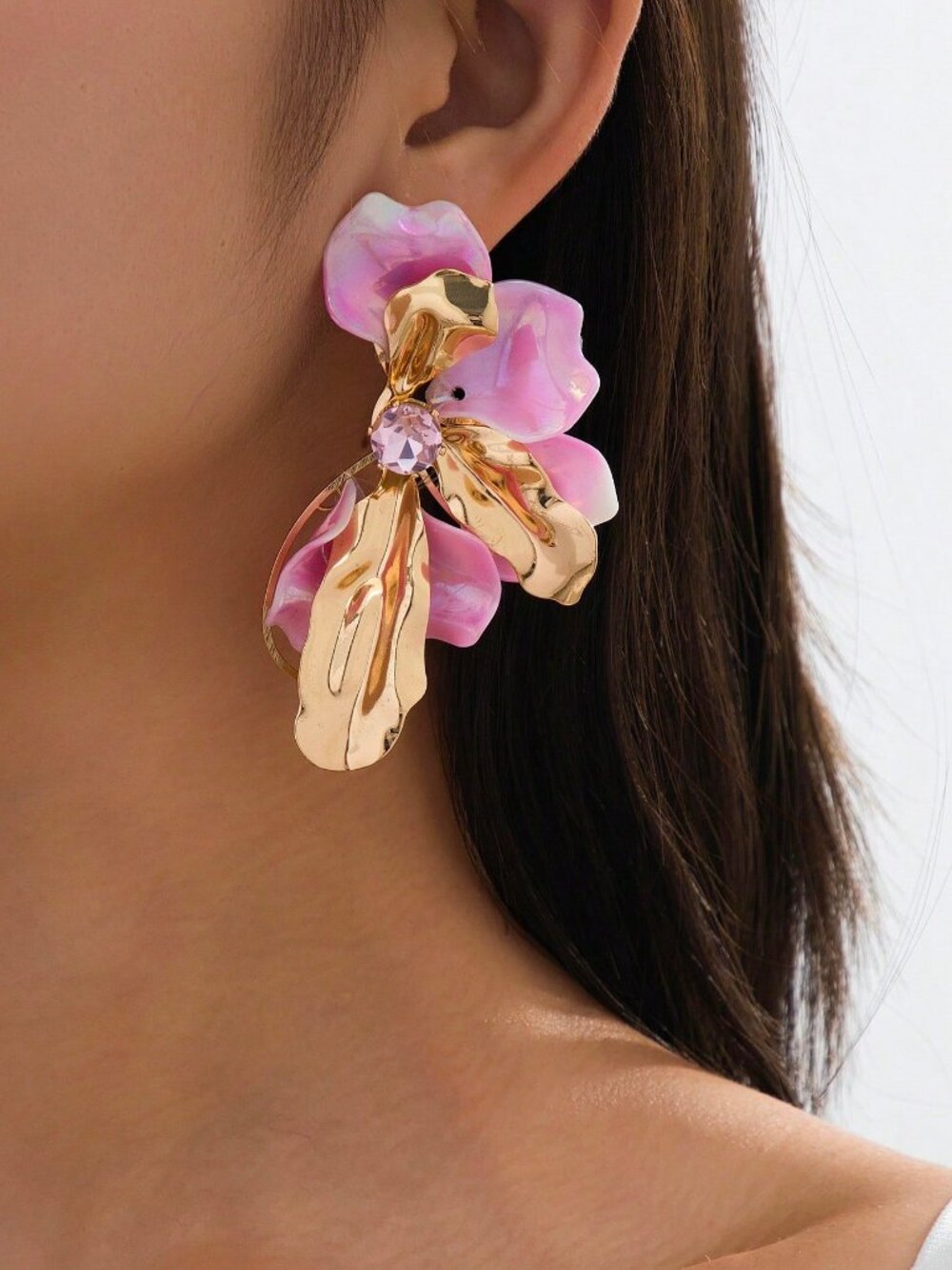 Pink Elegant Gold Asymmetrical Women's Large floral Earrings